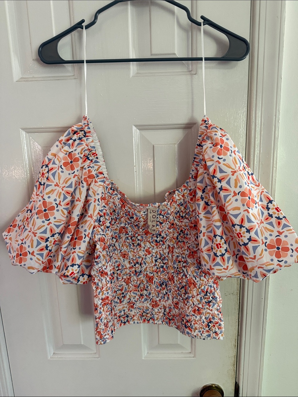 dolan White Floral Smocked Puff-Sleeve Crop Top with Orange Accents